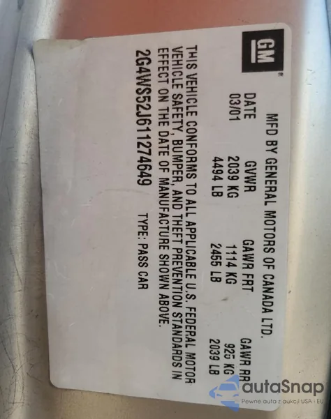 2001 Buick Century Custom z USA, uszkodzony, nr VIN 2G4WS52J611274649